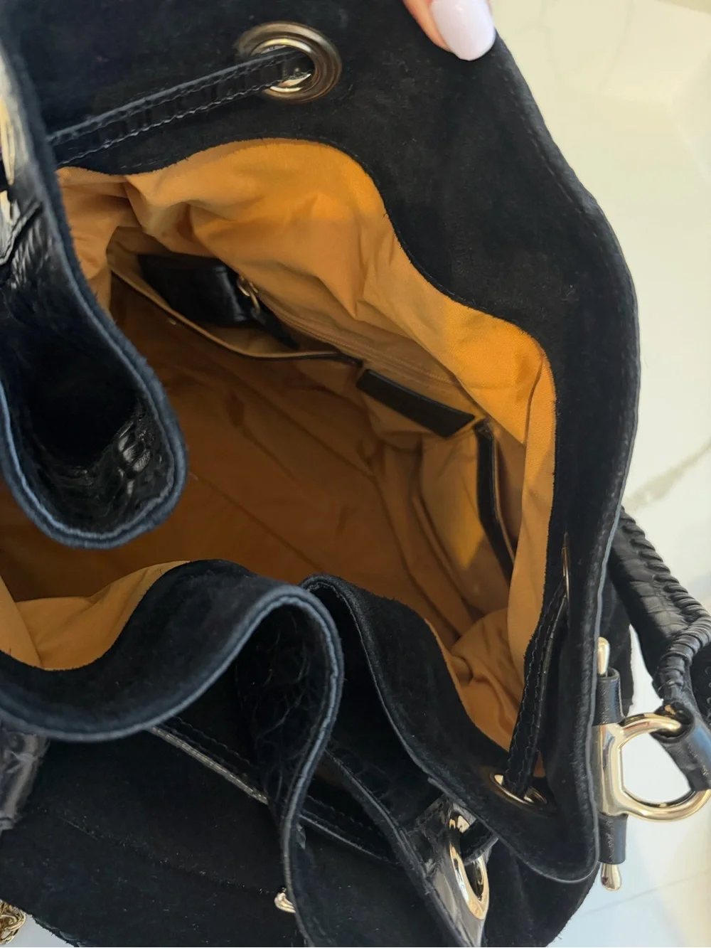 Cole Haan Black Suede Leather Drawstring Hobo Bag